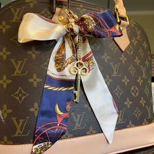 Purse scarf bow charm gold hardware easy clip on bag navy blue ivory gold colors